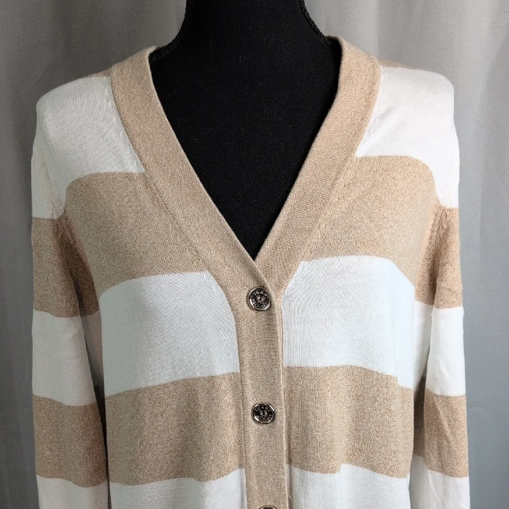 Tommy Hilfiger Striped Tan and White Long Cardigan Dress.‎ Medium. EUC